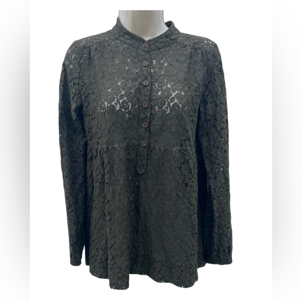 Michael Michael Kors‎ Women's Small Brown Lace Long Sleeve Half Button Blouse